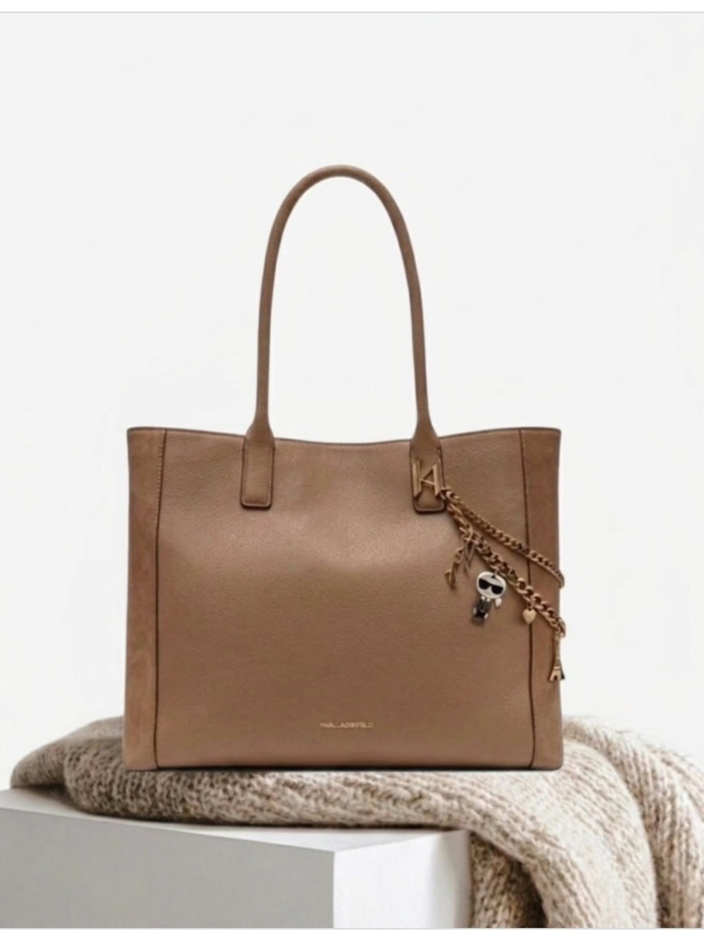 Br leather Karl Lagerfeld Tote Bag Suede Side Panels and Gold-Tone Chain Charms